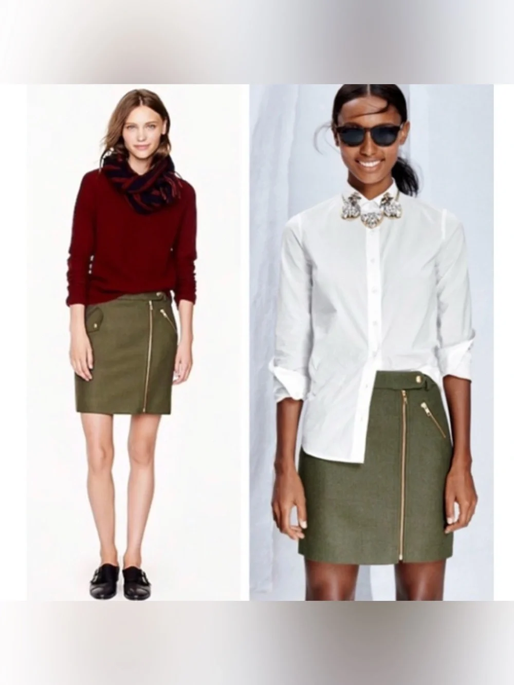 J. Crew Motorcycle Wool Mini Skirt Loden Green Gold Zip Size 2 business casual